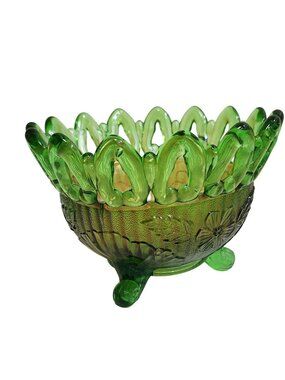 Vintage Green Glass Bowl With Open Lace Edge And Floral Pattern Iridescent Finis